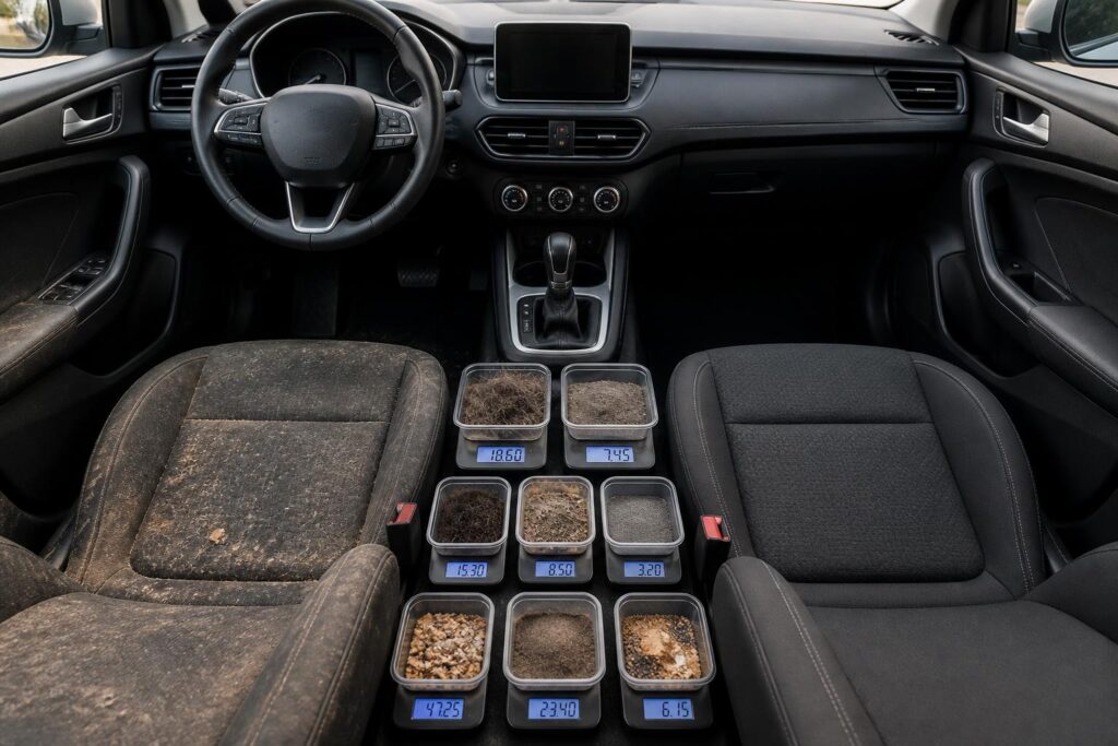 découvrez combien de saleté est réellement éliminée lors du nettoyage d'un intérieur de voiture avec des photos et des chiffres réels pour tout comprendre.